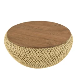 Table basse coffre ronde rotin beige et teck recyclé 66 cm SWING