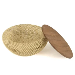 Table basse coffre ronde rotin beige et teck recyclé 66 cm SWING