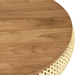 Table basse coffre ronde rotin beige et teck recyclé 81 cm SWING