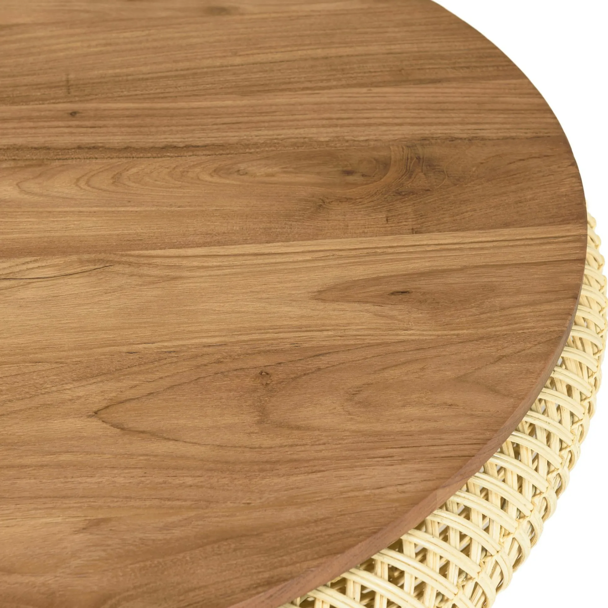 Table basse coffre ronde rotin beige et teck recyclé 81 cm SWING