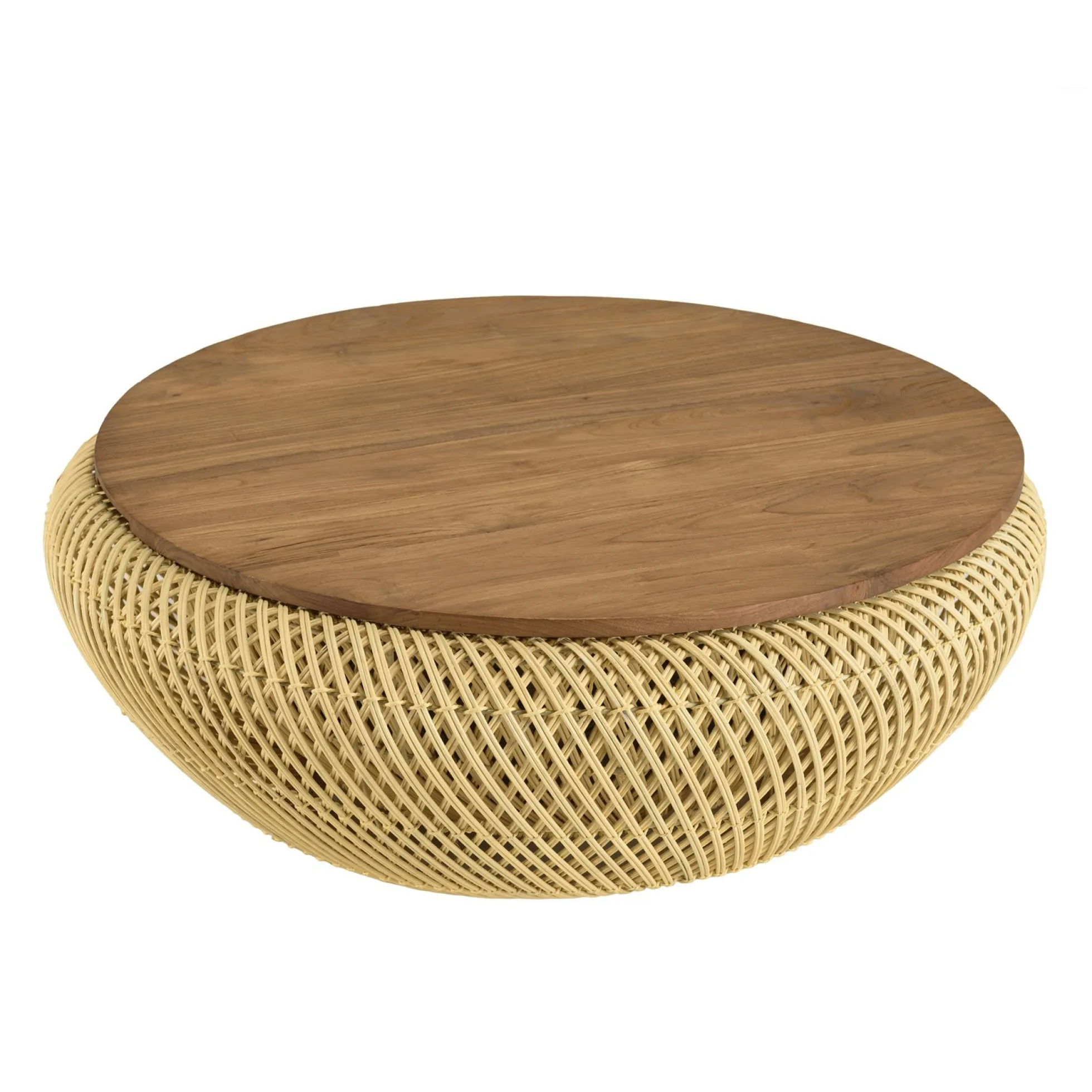 Table basse coffre ronde rotin beige et teck recyclé 81 cm SWING