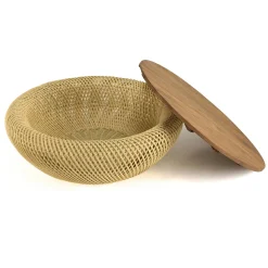 Table basse coffre ronde rotin beige et teck recyclé 81 cm SWING