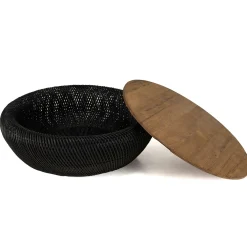 Table basse coffre ronde rotin noir et teck recyclé 100 cm SWING