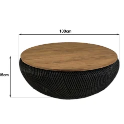 Table basse coffre ronde rotin noir et teck recyclé 100 cm SWING