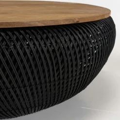 Table basse coffre ronde rotin noir et teck recyclé 100 cm SWING