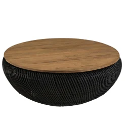 Table basse coffre ronde rotin noir et teck recyclé 100 cm SWING