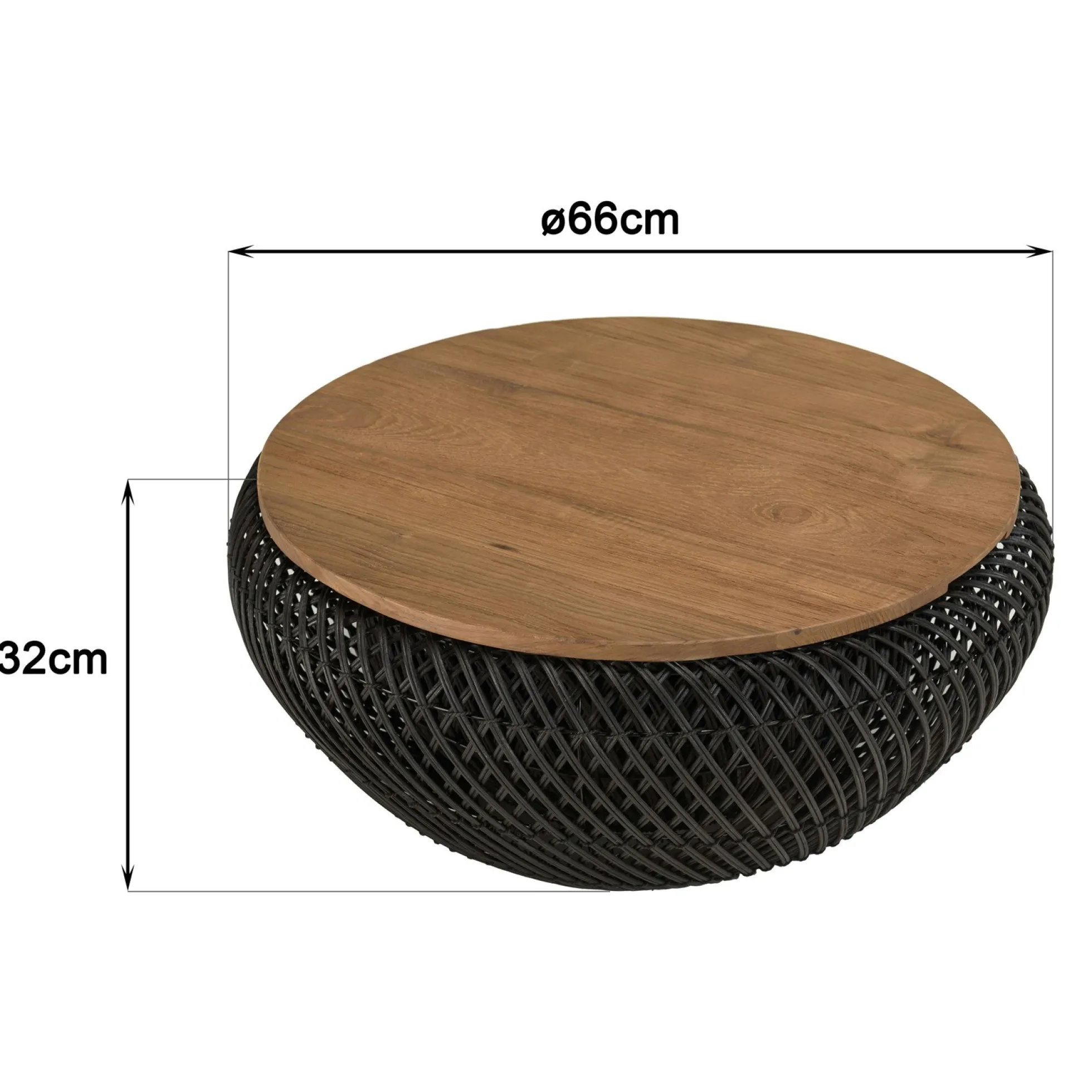 Table basse coffre ronde rotin noir et teck recyclé 66 cm SWING