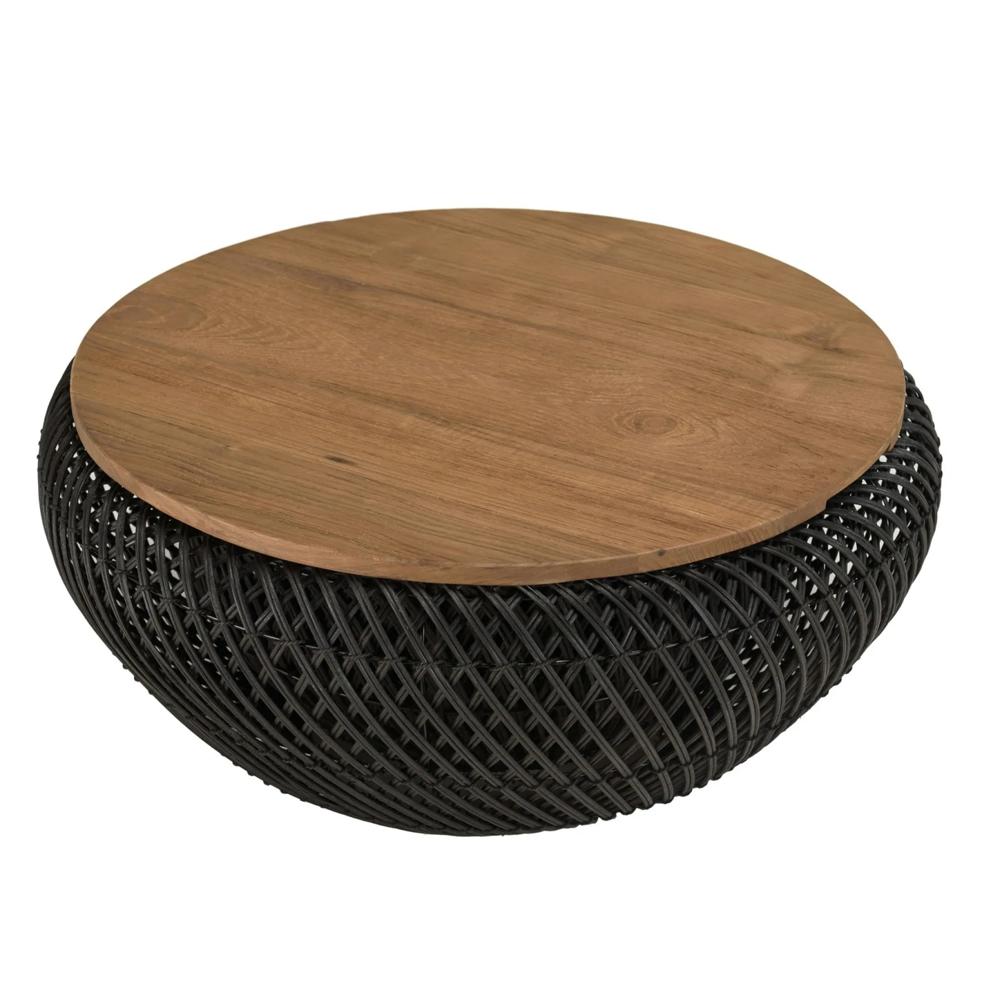 Table basse coffre ronde rotin noir et teck recyclé 66 cm SWING