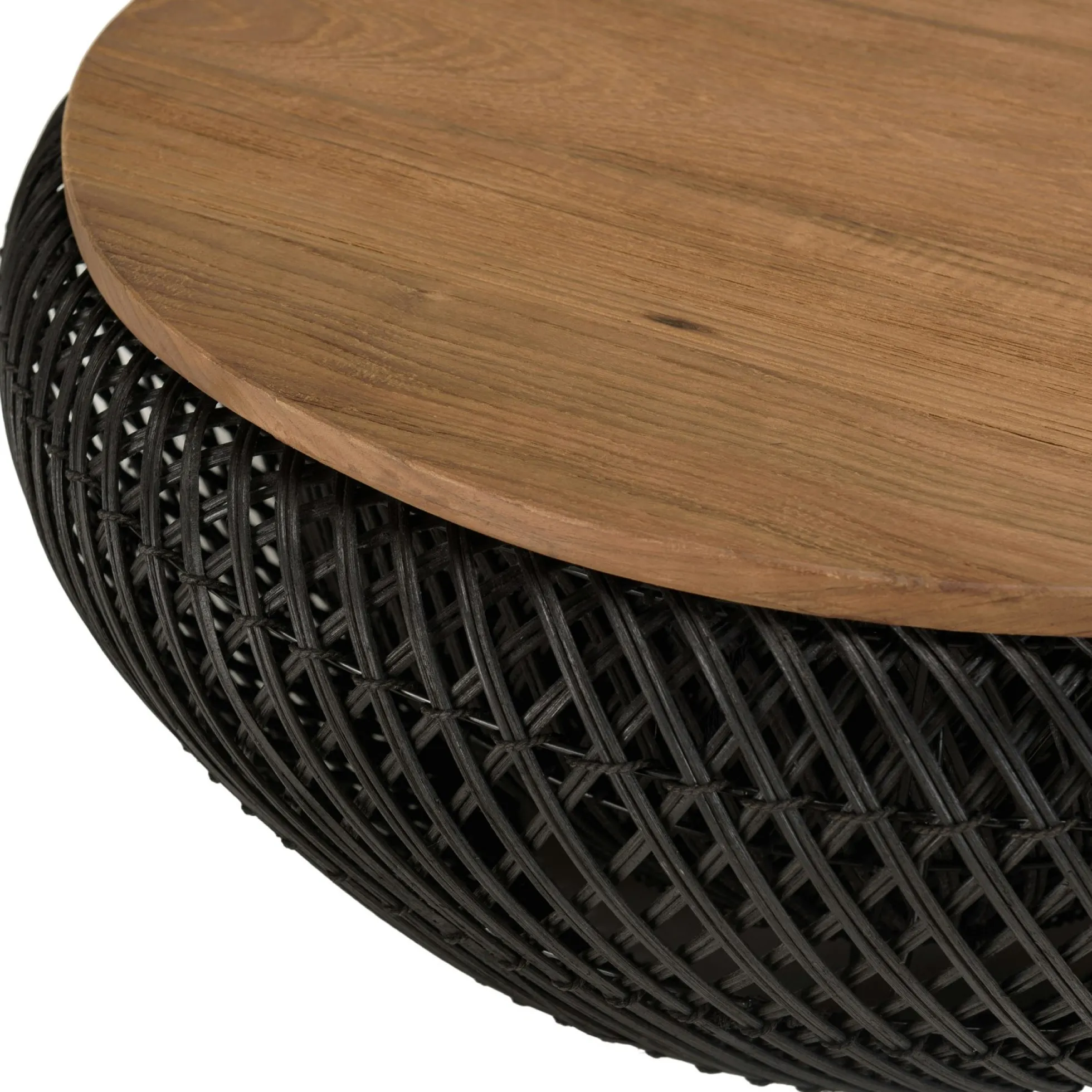 Table basse coffre ronde rotin noir et teck recyclé 66 cm SWING
