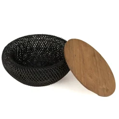 Table basse coffre ronde rotin noir et teck recyclé 66 cm SWING