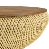 Table basse coffre ronde rotin beige et teck recyclé 100 cm SWING