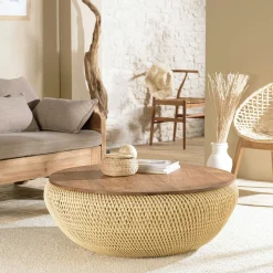 Table basse coffre ronde rotin beige et teck recyclé 100 cm SWING