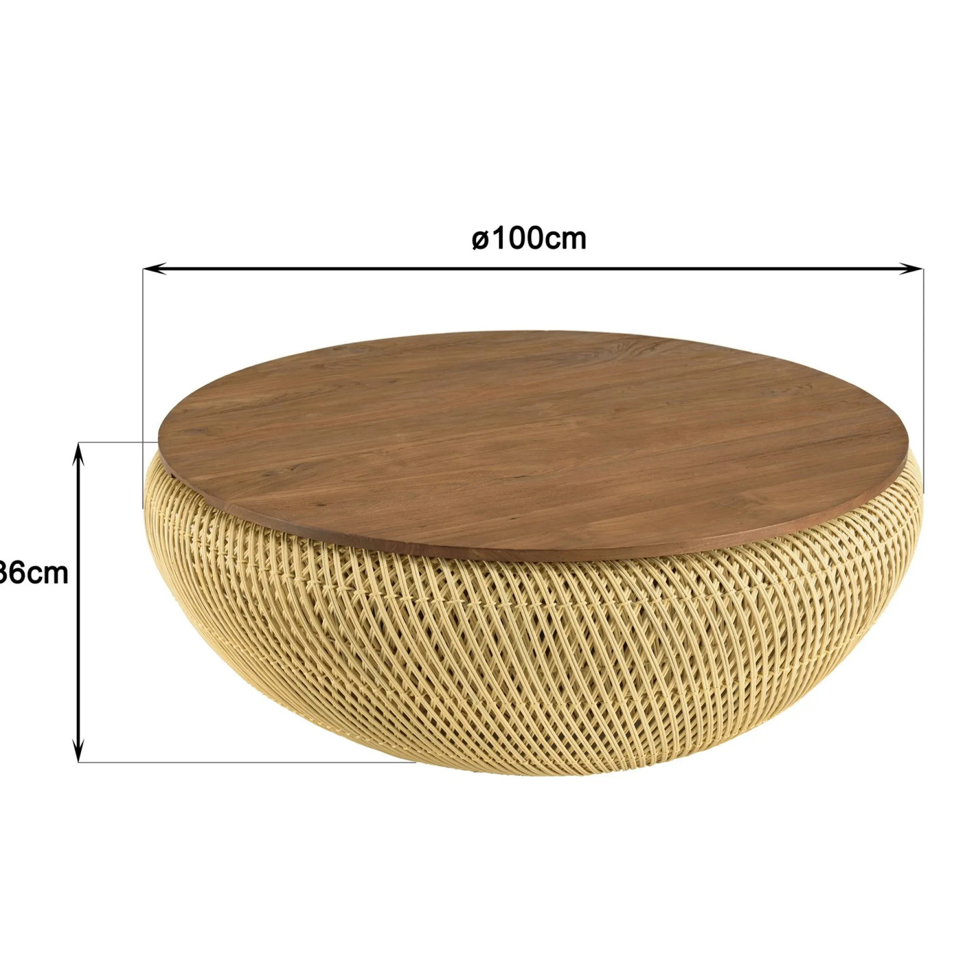Table basse coffre ronde rotin beige et teck recyclé 100 cm SWING