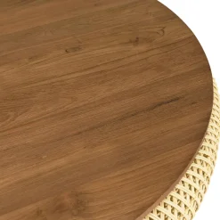 Table basse coffre ronde rotin beige et teck recyclé 100 cm SWING