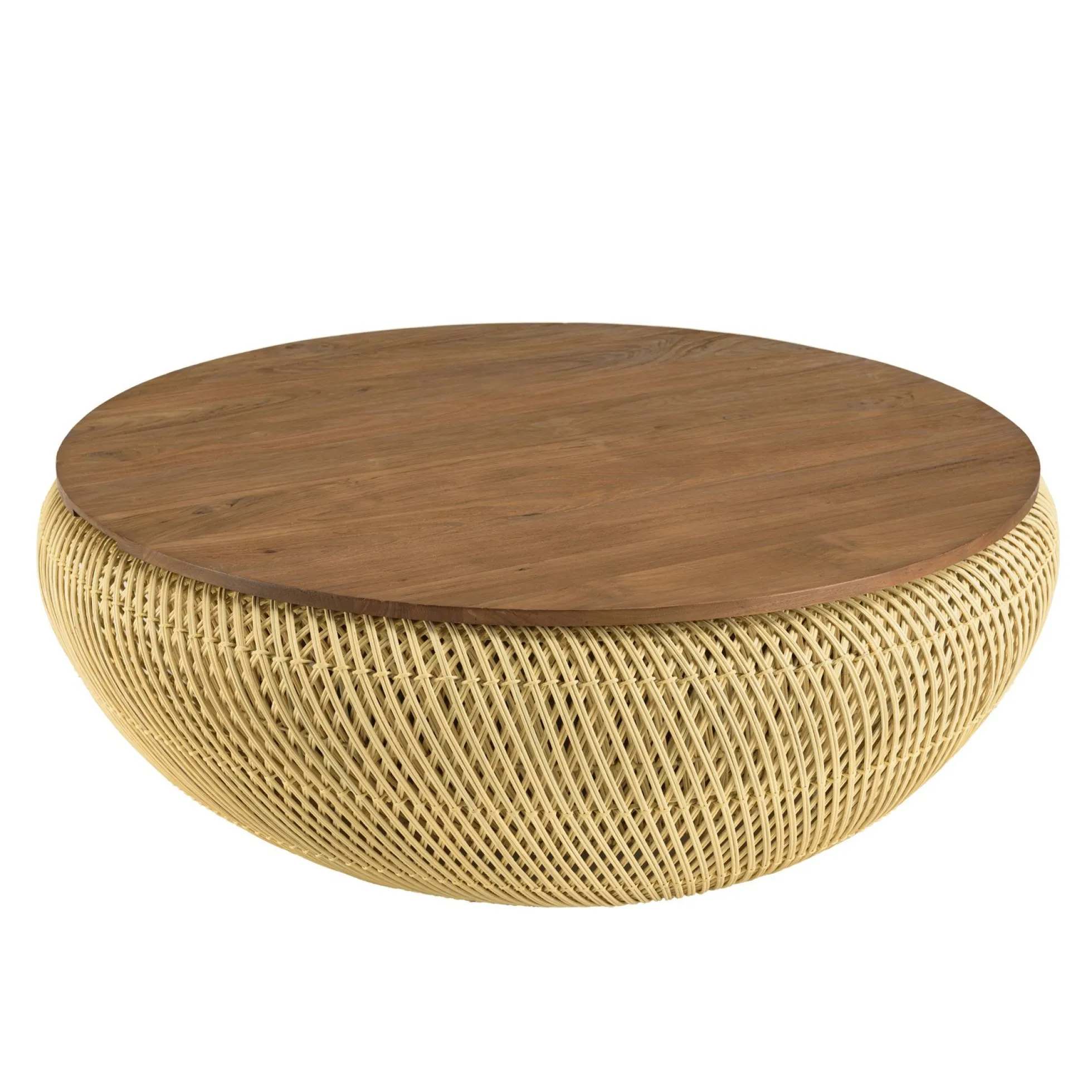 Table basse coffre ronde rotin beige et teck recyclé 100 cm SWING