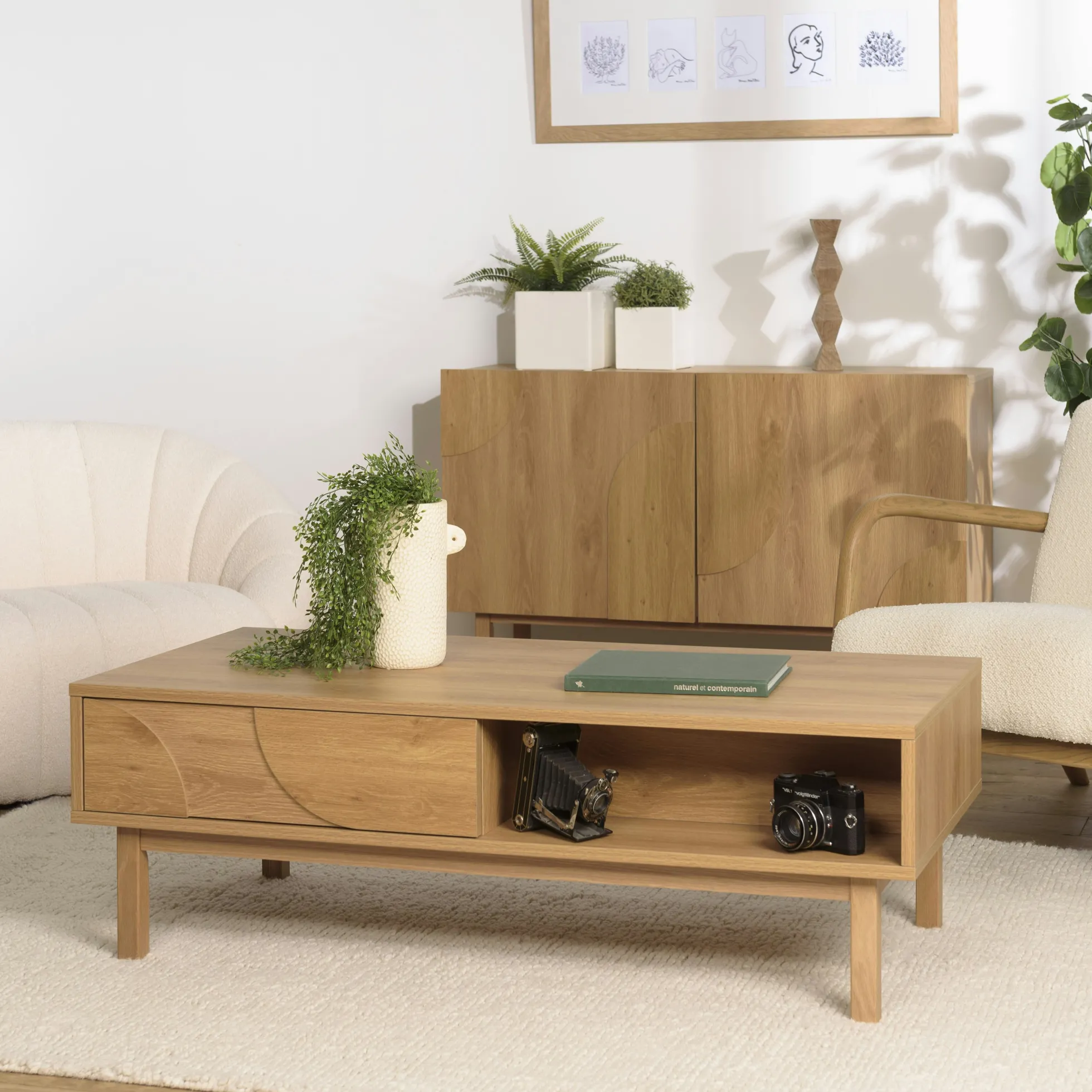 Table basse couleur naturelle 2 tiroirs 2 niches décor motif arrondi ELTON