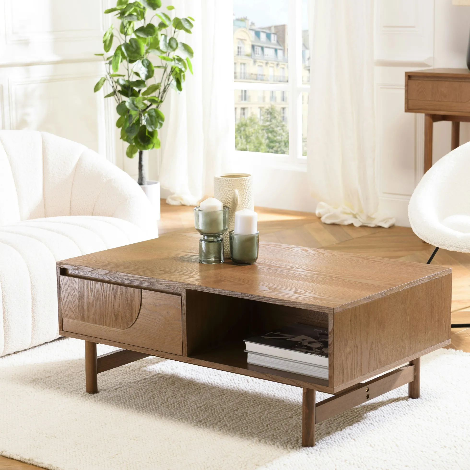 Table basse couleur naturelle 2 tiroirs motif arrondi 2 niches CORIA