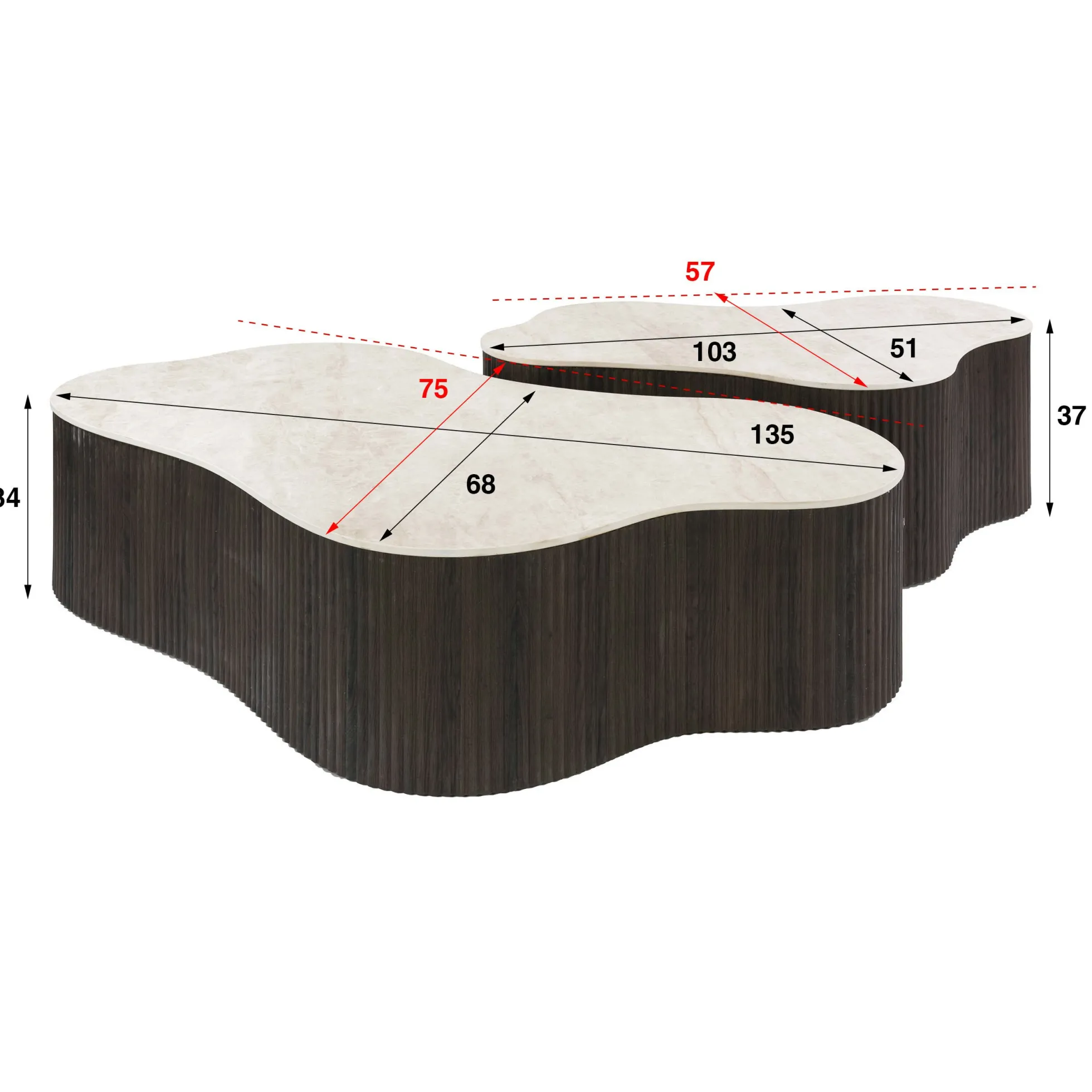 Table basse céramique 3D pied foncé 135 cm (lot de 2) MAHAL