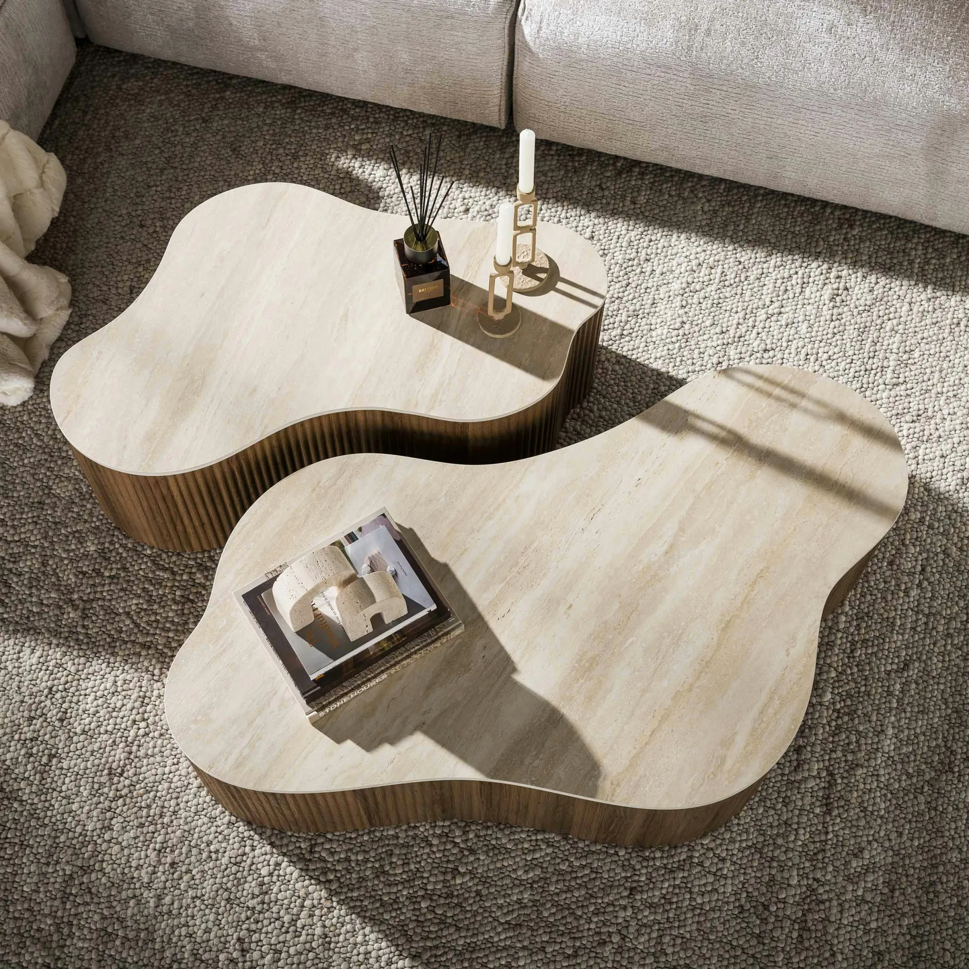 Table basse céramique 3D pied rainuré 135 cm (lot de 2) MAHAL