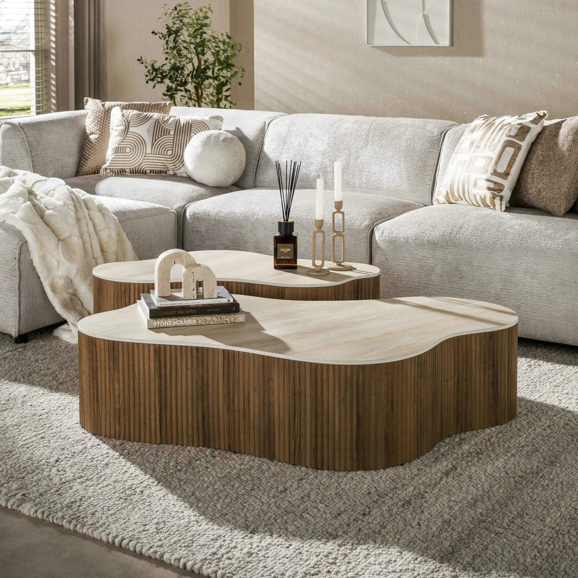 Table basse céramique 3D pied rainuré 135 cm (lot de 2) MAHAL