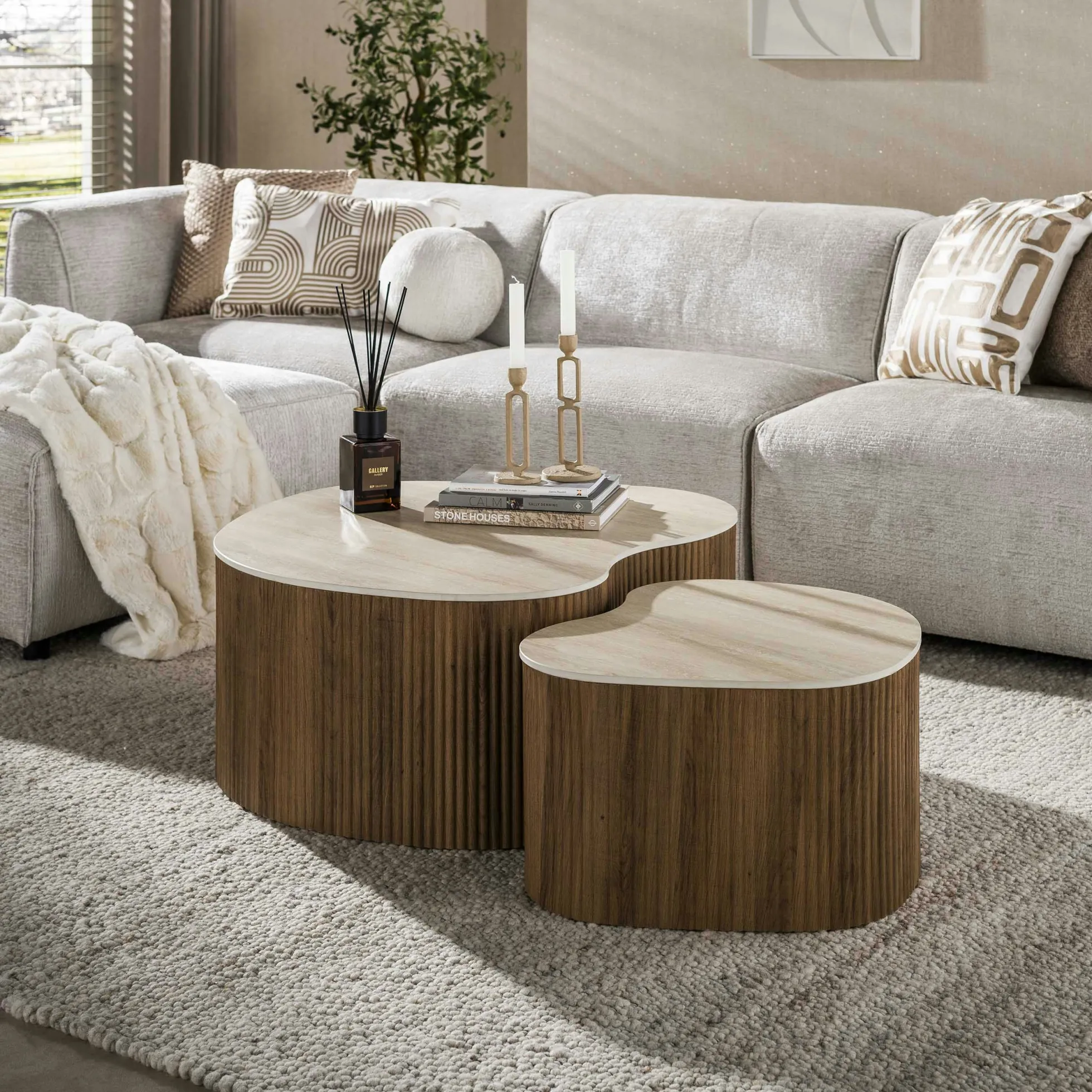 Table basse céramique 3D à pied rainuré (lot de 2) MAHAL