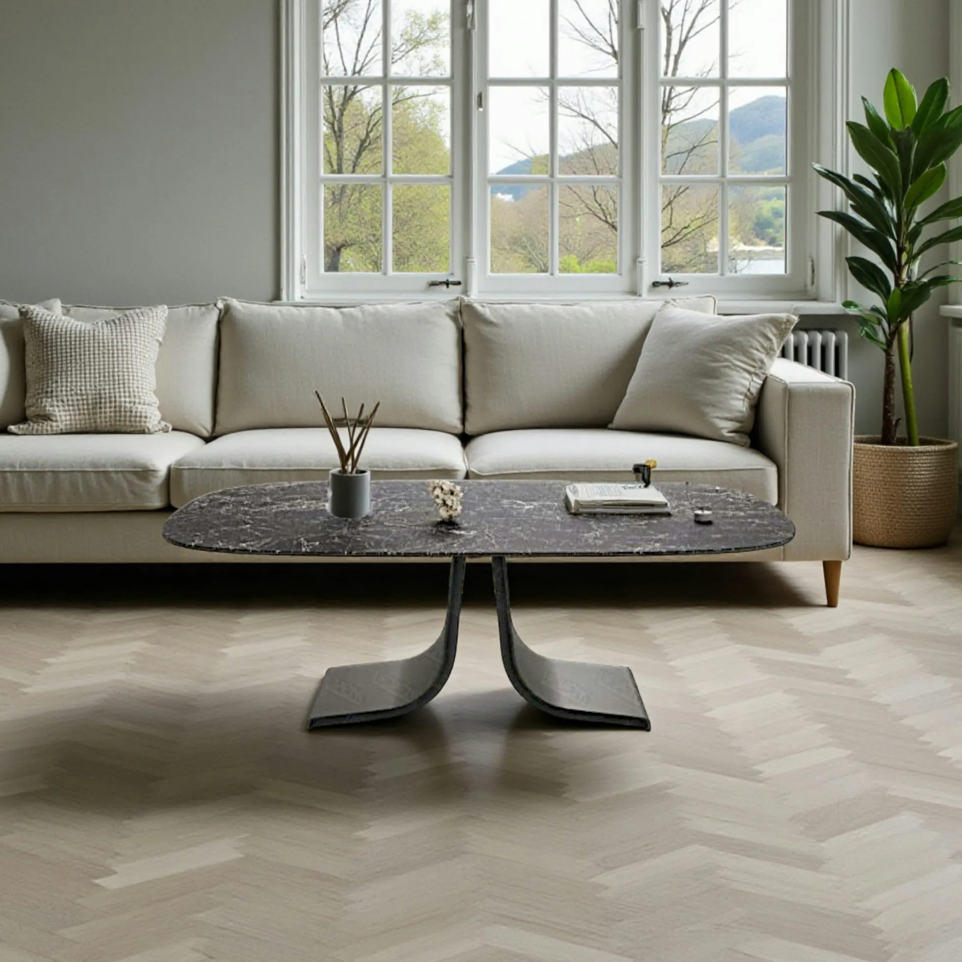 Table basse céramique grise marbrée pied ouvert LIGURIE