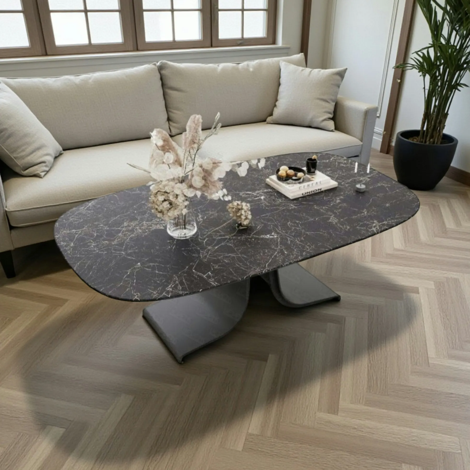 Table basse céramique grise marbrée pied ouvert LIGURIE