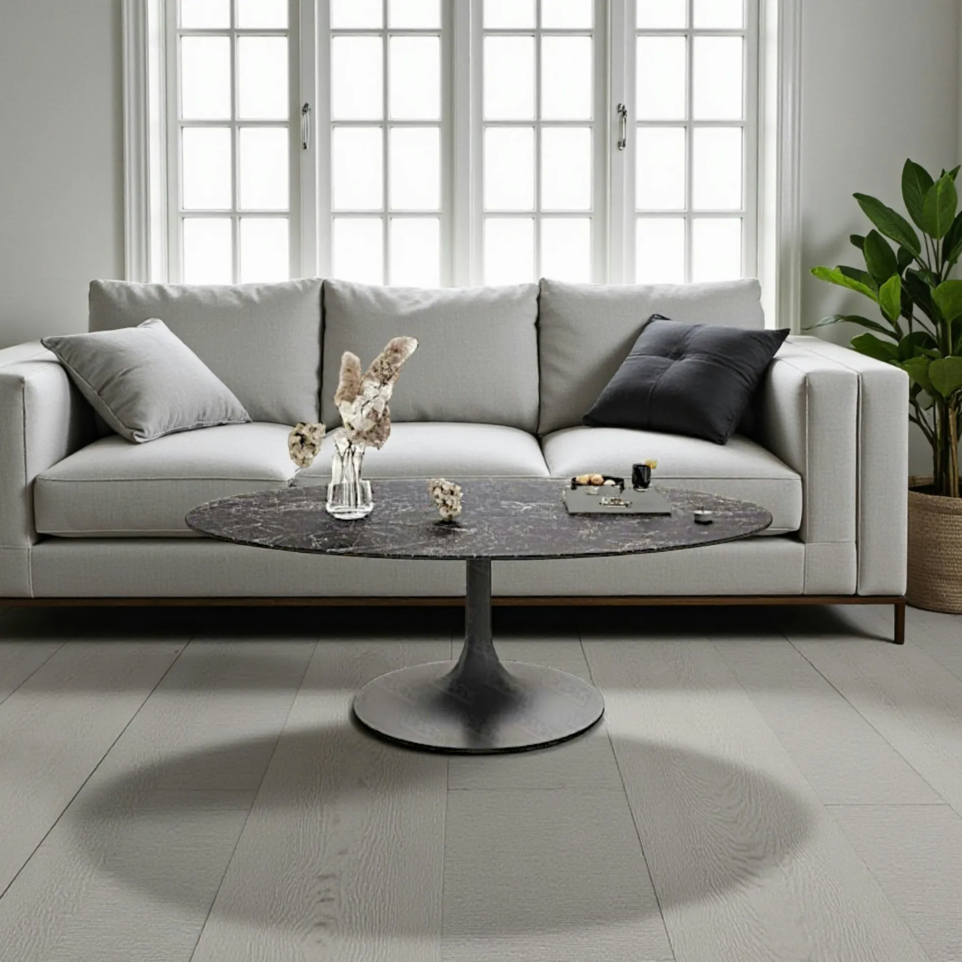 Table basse céramique grise marbrée ovale, pied tulipe LIGURIE