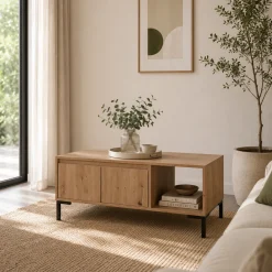 Table basse décor bois 2 portes 1 niche KARVI