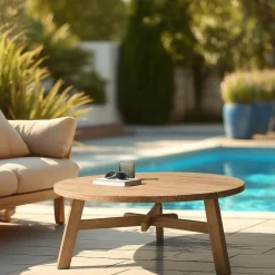 Table basse de jardin ronde en bois de teck recyclé naturel D95 cm SANTO