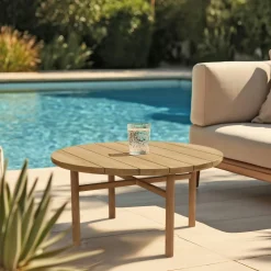 Table basse de jardin ronde en bois de teck recyclé naturel D80 cm SANTO