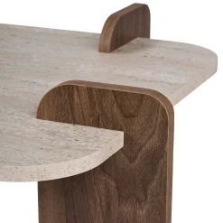 Table basse design bords ronds décor travertin et noyer MARFA