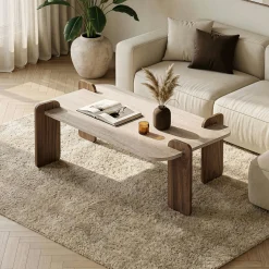 Table basse design bords ronds décor travertin et noyer MARFA