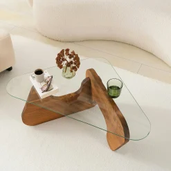 Table basse design en verre et bois brun - forme triangle ANZIO