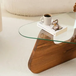 Table basse design en verre et bois brun - forme triangle ANZIO