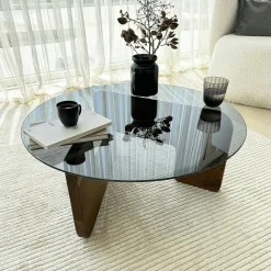 Table basse design en verre fumé - pied bois brun ANZIO