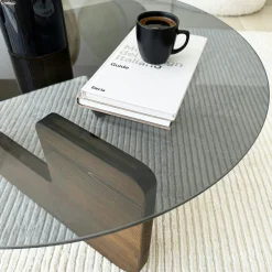 Table basse design en verre fumé - pied bois brun ANZIO