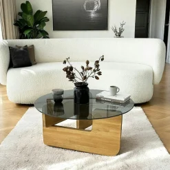 Table basse design en verre fumé – pied bois clair ANZIO