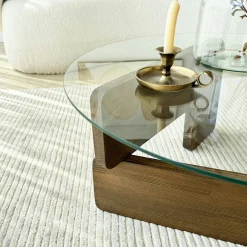 Table basse design en verre - pied bois brun ANZIO