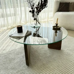 Table basse design en verre - pied bois brun ANZIO