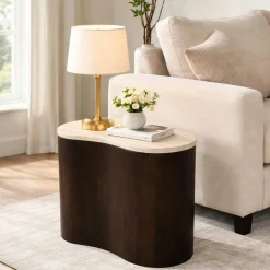 Table basse design organique marbre bois foncé 50 cm DUOMO