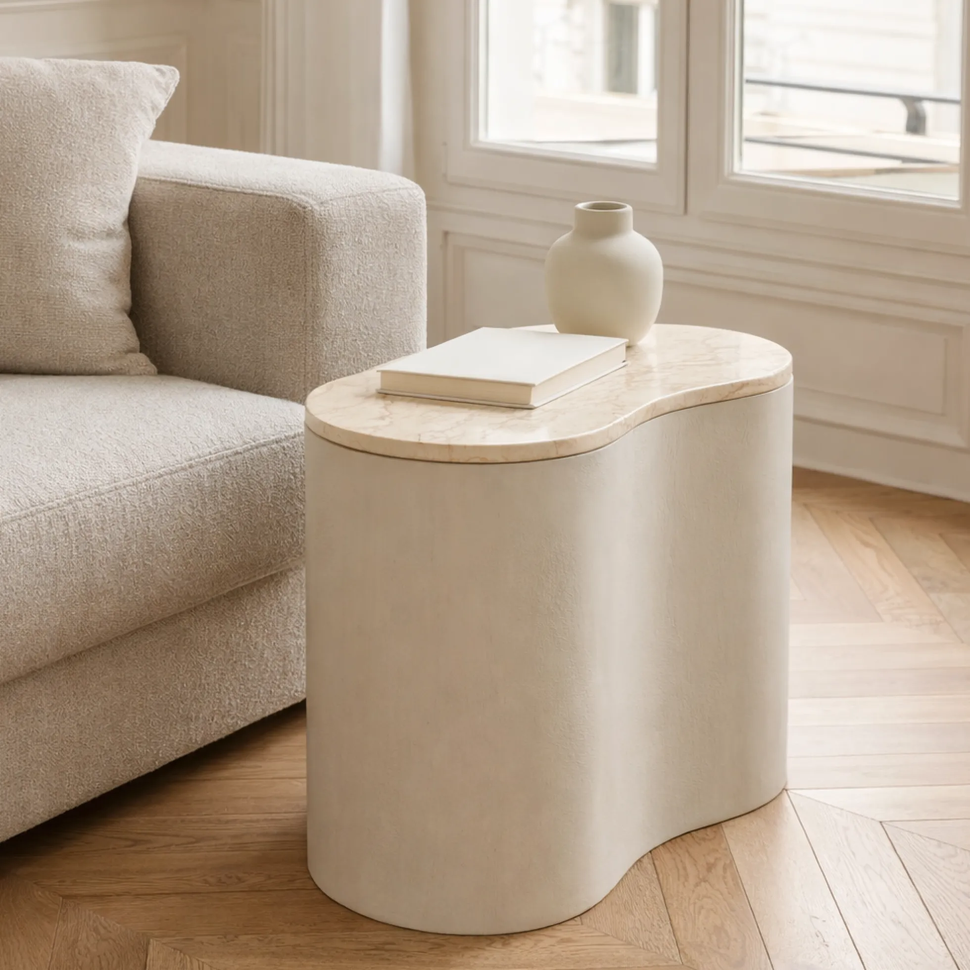 Table basse design organique marbre bois sable 50 cm DUOMO