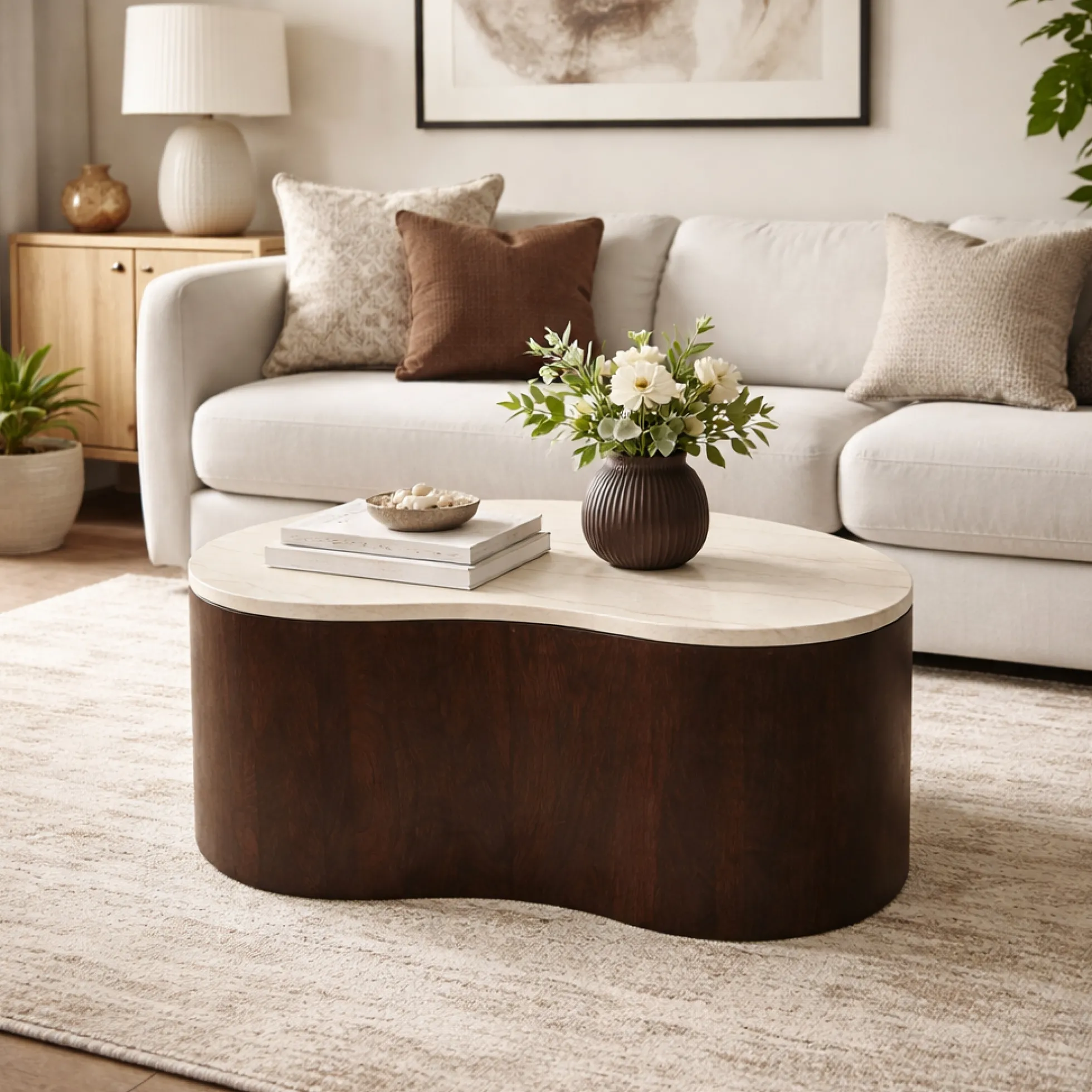 Table basse design organique marbre bois foncé 77 cm DUOMO