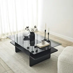 Table basse design 2 plateaux, verre fumé et noir SALTA