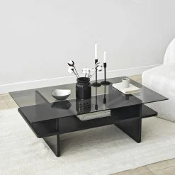 Table basse design 2 plateaux, verre fumé et noir SALTA