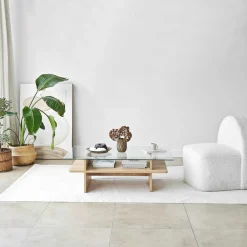 Table basse design 2 plateaux, verre et effet bois SALTA