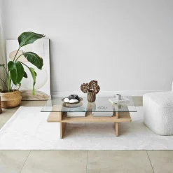 Table basse design 2 plateaux, verre et effet bois SALTA