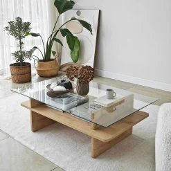 Table basse design 2 plateaux, verre et effet bois SALTA