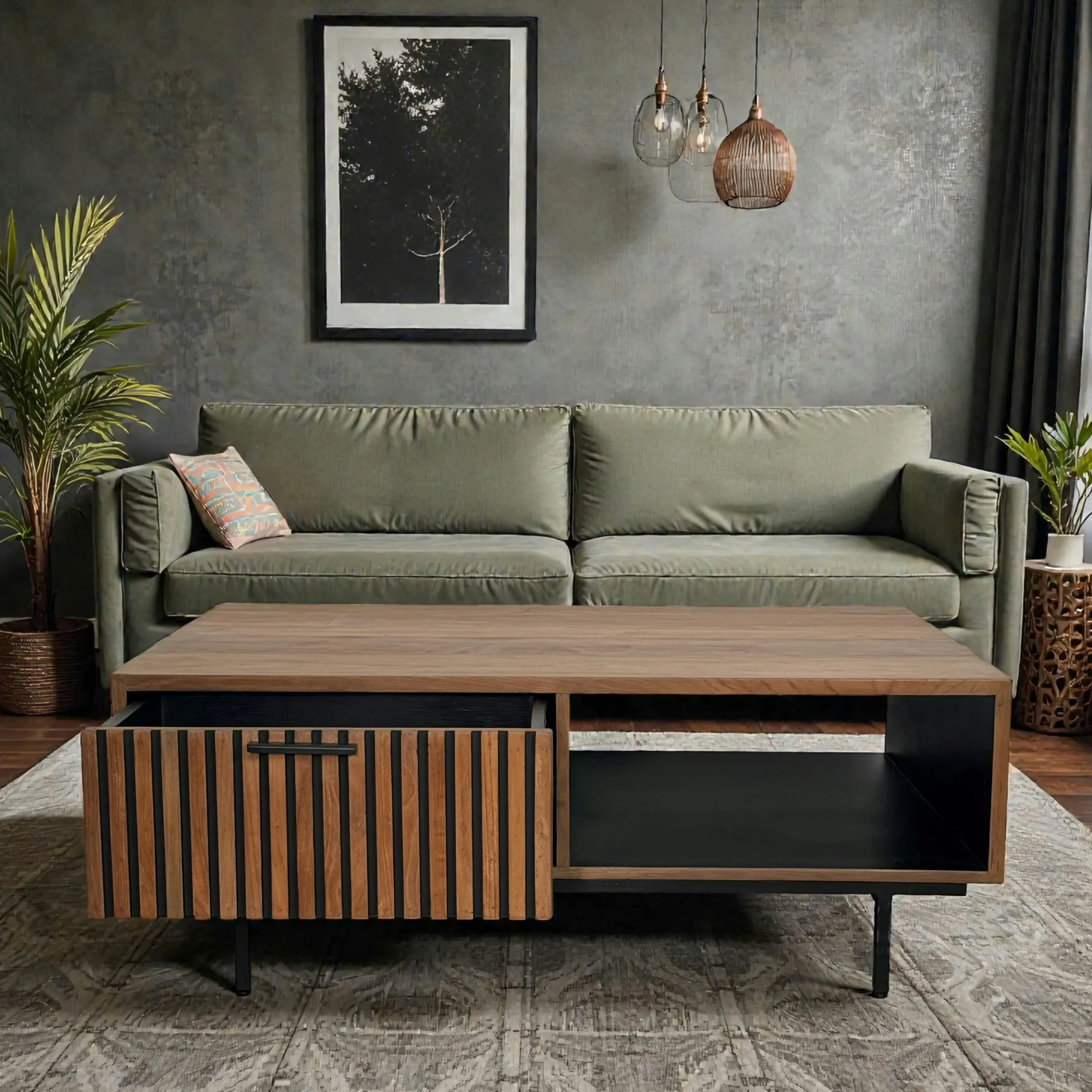 Table basse design teck recyclé 2 tiroirs FANO
