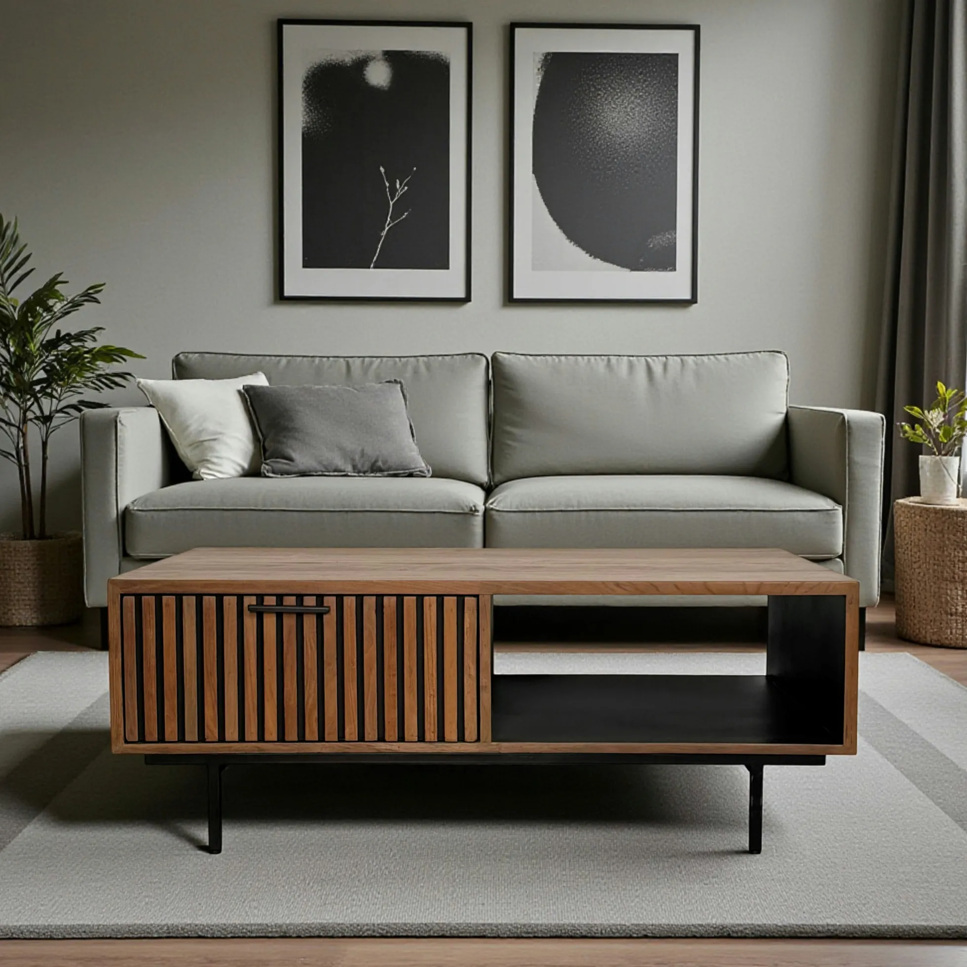 Table basse design teck recyclé 2 tiroirs FANO
